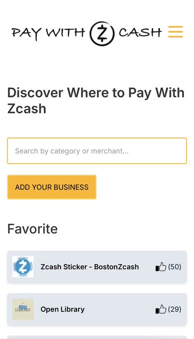 The image shows the "Pay with Zcash" website homepage, featuring a search bar for finding merchants, an "ADD YOUR BUSINESS" button, and a "Favorite" section listing "Zcash Sticker - BostonZcash" with 50 likes and "Open Library" with 29 likes. The accompanying post compares Zcash's website design unfavorably to Monero ($XMR), highlighting criticism of Zcash's web presence as part of a broader meme about the two cryptocurrencies' rivalry.
