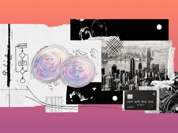 An artistic collage features two crypto coins alongside black-and-white city imagery and a credit card displaying '1234 5678 9012 3456' and 'CODEX 12/27'.