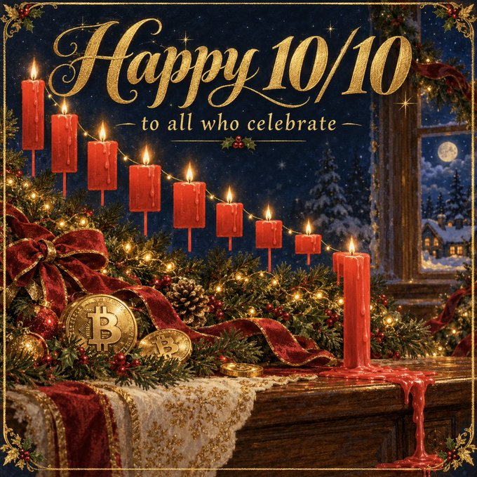 A festive holiday greeting card reads "Happy 10/10 — to all who celebrate," featuring red candles, garland, and gold Bitcoin coins nestled among Christmas decorations. The Bitcoin imagery cleverly ties to the post's theme of selling crypto before a potential dip, with the ironic "10/10" perfection score suggesting hindsight that the seller's "feeling" may have been wise after all.