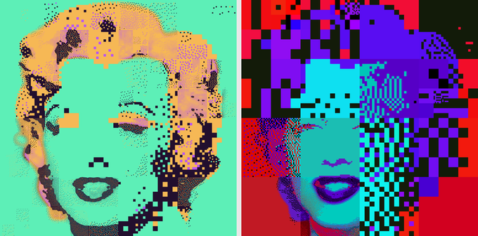 Two pixelated/glitch-style portraits of Marilyn Monroe side by side, one in green and orange tones and the other in cyan and red tones.