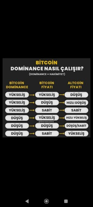 An infographic titled "BİTCOİN DOMİNANCE NASIL ÇALIŞIR?" (How Bitcoin Dominance Works) showing how Bitcoin Dominance movements affect Bitcoin and Altcoin prices, with combinations like rising dominance + falling BTC price = rapid altcoin decline.