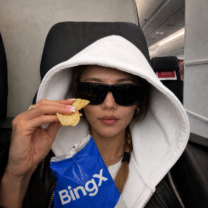 A stylish woman wearing sunglasses and a hooded robe sits on an airplane, eating chips from a blue "BingX" branded bag, perfectly matching the caption "a little fuel for the next trade⛽️" as the snack fuels her while referencing the BingX trading platform.