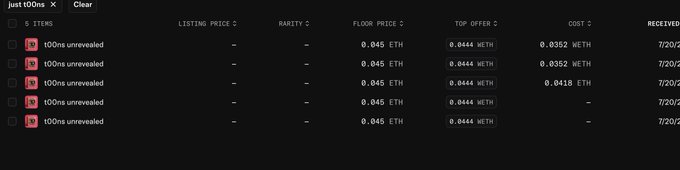 A dark-themed trading interface listing 5 't00ns unrevealed' NFT items with floor prices of 0.045 ETH, top offers of 0.0444 WETH, and a 'just t00ns X Clear' filter at the top.