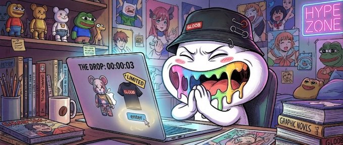 A colorful illustration titled 'HYPE ZONE' featuring a crying-drooling cartoon character (Gloob) frantically waiting for a limited drop ('THE DROP: 00:00:03'), surrounded by shelves of toys, graphic novels, and anime/manga posters.