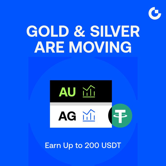 A promotional graphic with a blue background reading 'GOLD & SILVER ARE MOVING' above boxes labeled 'AU' and 'AG' with chart icons, and text 'Earn Up to 200 USDT'.