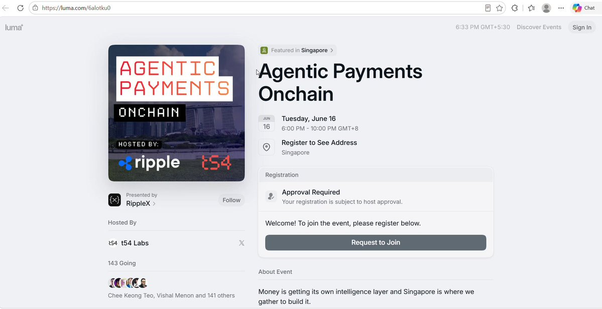 The image shows a screenshot of an account page for Ripple, which appears to be promoting a new product or service related to currency exchange. The main focus of the picture is the text that reads "Agentic payments Onchain", indicating that this may be something related to onchain payments in Ripple's ecosystem. The text also mentions an interest from @t54ai about a paid item, possibly discussing Ripple's services or offerings.