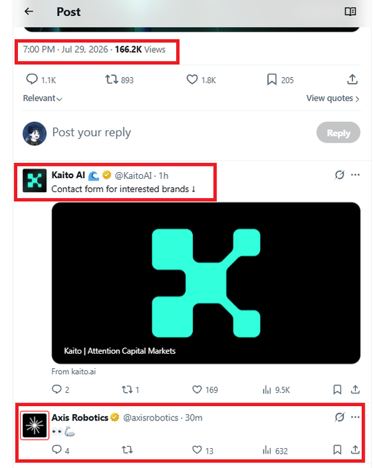 A screenshot of a social media post with 166.2K Views from July 29, 2026, highlighting replies from 'Kaito AI' (@KaitoAI) and 'Axis Robotics' (@axisrobotics).