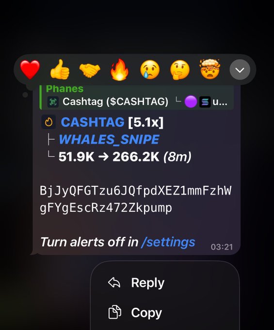 A Discord message from Phanes bot showing a CASHTAG token alert with 5.1x returns, 'WHALES_SNIPE', and showing price movement from 51.9K to 266.2K (8m), including a Solana contract address.