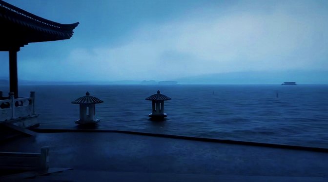 A moody blue-toned seascape viewed from a pier or temple platform, featuring two stone lanterns, a traditional roofed structure on the left, and a distant ship on the horizon.