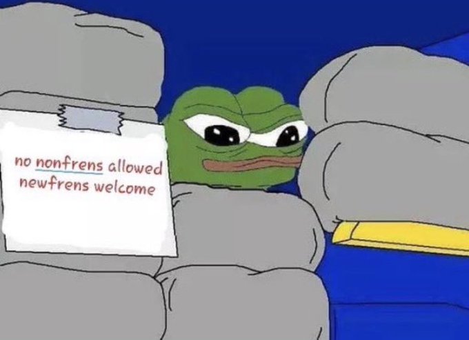 A Pepe the Frog meme where the green cartoon frog peeks out from between gray boulders next to a sign reading 'no nonfrens allowed / newfrens welcome'.