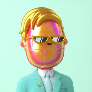 A 3D-rendered character with a glossy iridescent face, wearing yellow-tinted sunglasses and a light teal suit with a yellow flower lapel pin.