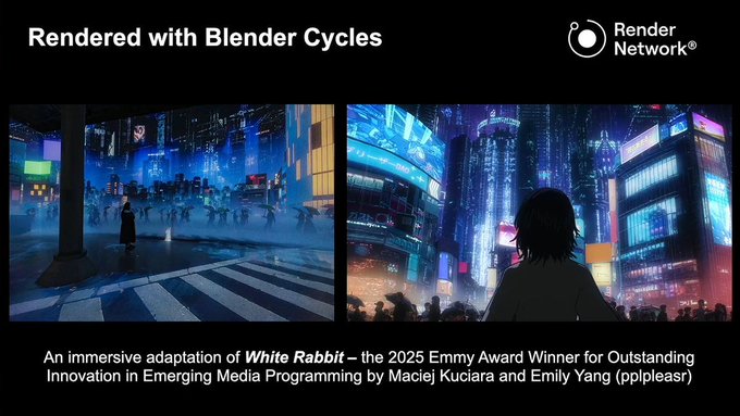 A presentation slide titled 'Rendered with Blender Cycles' showing two cinematic images of a figure looking at a neon-lit cyberpunk city, promoting the Emmy-winning program 'White Rabbit.'