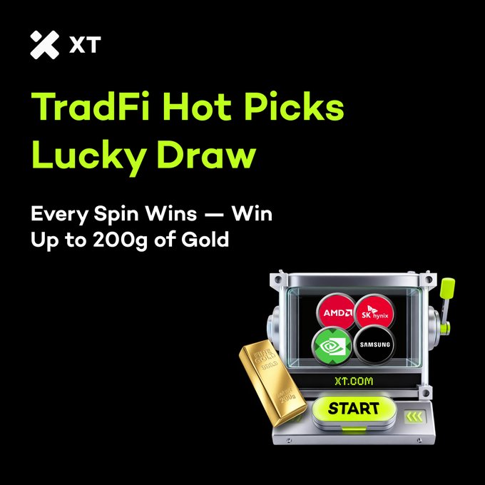 A promotional graphic for 'TradFi Hot Picks Lucky Draw' on XT.com, advertising 'Every Spin Wins — Win Up to 200g of Gold' with AMD, SK hynix, NVIDIA, and Samsung logos.