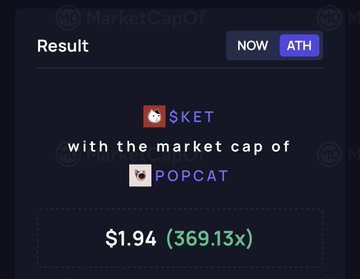 A 'MarketCapOf' comparison tool result showing $KET has the market cap of $POPCAT at ATH, valued at $1.94 (369.13x).