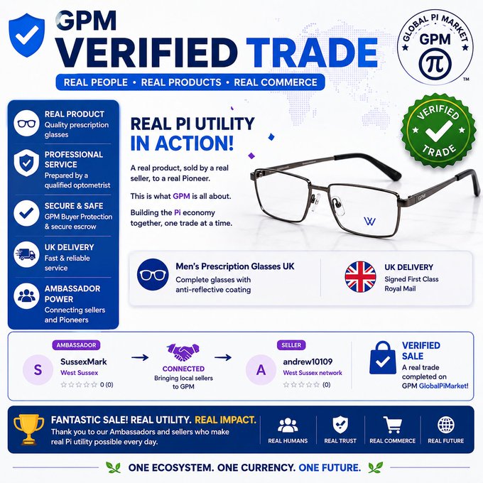 A promotional graphic for 'GPM VERIFIED TRADE' featuring 'REAL PI UTILITY IN ACTION!' with images of men's prescription glasses, text highlighting 'REAL PEOPLE • REAL PRODUCTS • REAL COMMERCE', and seller information for SussexMark and andrew1019.