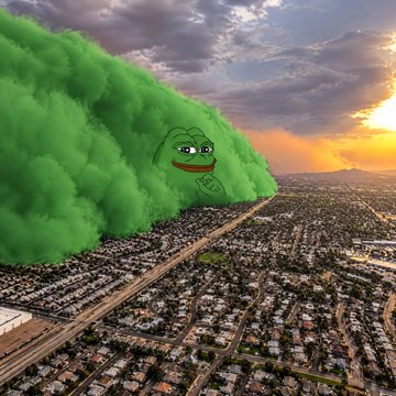 A green Pepe the Frog character emerging from a large green dust cloud over a sprawling suburban cityscape at sunset.