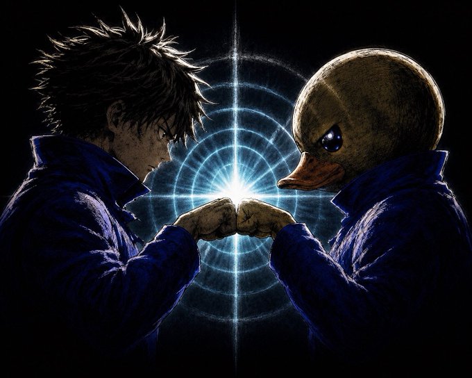 An anime-style illustration depicting a young man and a duck-headed character facing each other in profile, touching fists with a glowing blue burst of light emanating between them.