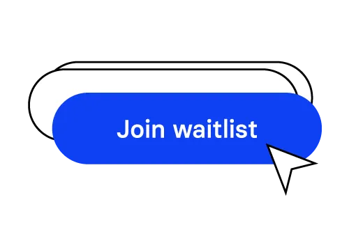 A digital button graphic showing a blue 'Join waitlist' button being clicked by a white cursor arrow on a black background.