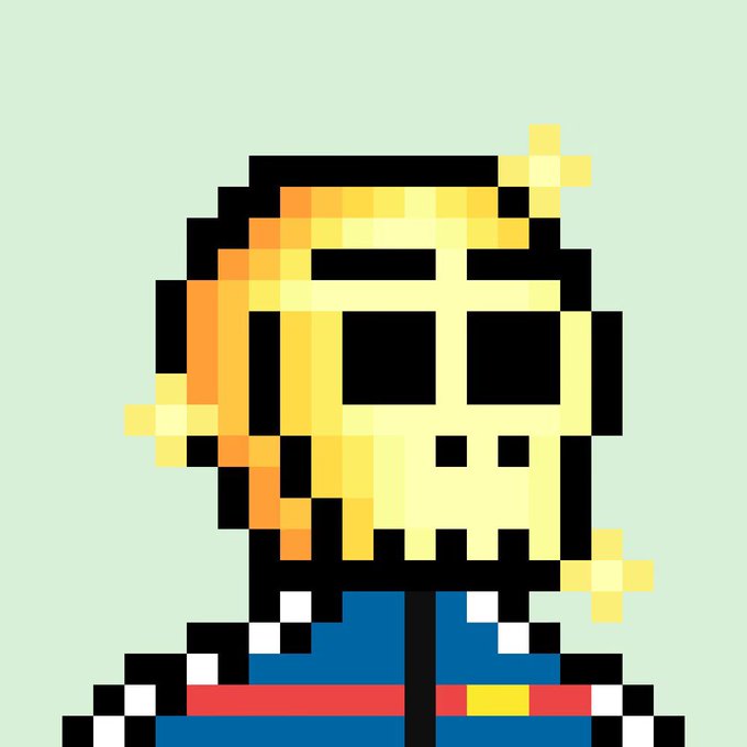 A pixel art character with blonde hair, a skull-like face, and a blue military-style jacket with red trim, set against a light green background.