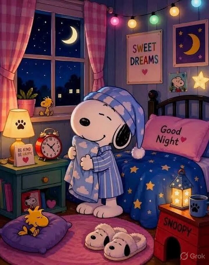 The image features a cartoon character, Snooey, dressed in pajamas with a bedspread and pillow, holding a blanket over his head as if he's about to fall asleep. The room has a window that lets in moonlight, creating a cozy atmosphere. There is also a clock on the wall, adding to the overall ambiance of the scene. In addition to Snooey, there are other cartoon characters present in the image, including a dog and a cat. The post includes text such as "Good Night X Legends" and "What's yours?" which may be related to the cartoon character or the room depicted in the image.