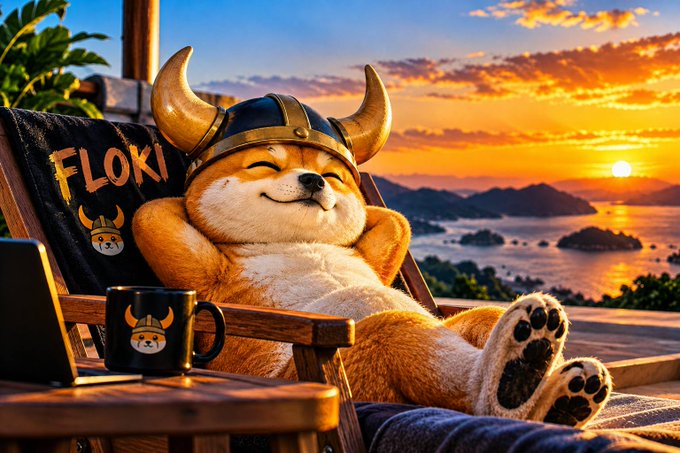 An AI-generated image of a Shiba Inu dog wearing a Viking helmet, lounging in a chair labeled 'FLOKI' with a matching mug, watching a sunset over the sea.