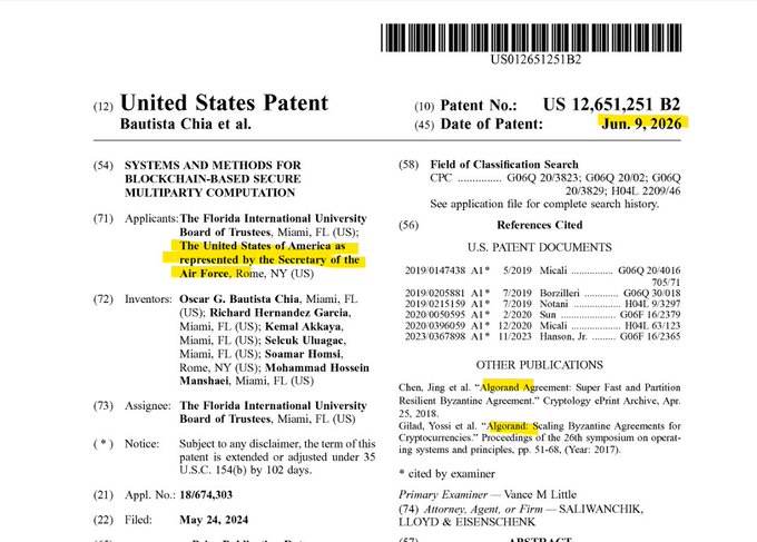 The image shows a document with two columns, one titled "United States Patent" and another titled "US Patent No. 126425B". The document contains information about an invention or idea that was filed for by the United States Air Force. The text in the image is yellow, which makes it stand out against the white background of the document.