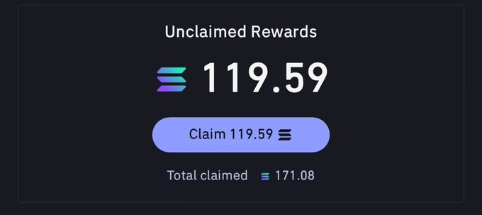 The image shows a Solana rewards panel displaying 119.59 unclaimed SOL with a "Claim 119.59" button and a total claimed amount of 171.08 SOL. The accompanying post jokes about the rewards ballooning to 1,000 SOL if Solana's price reaches $200, playfully highlighting the potential value of accumulated staking rewards.