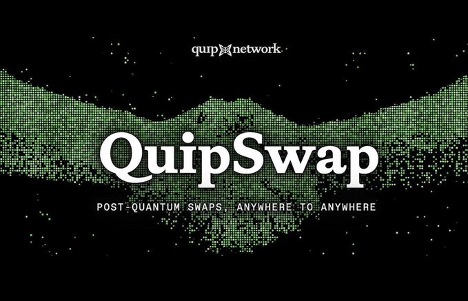 A graphic with green particle wings on a black background displaying the text 'quip network', 'QuipSwap', and 'POST QUANTUM SWAPS, ANYWHERE TO ANYWHERE'.