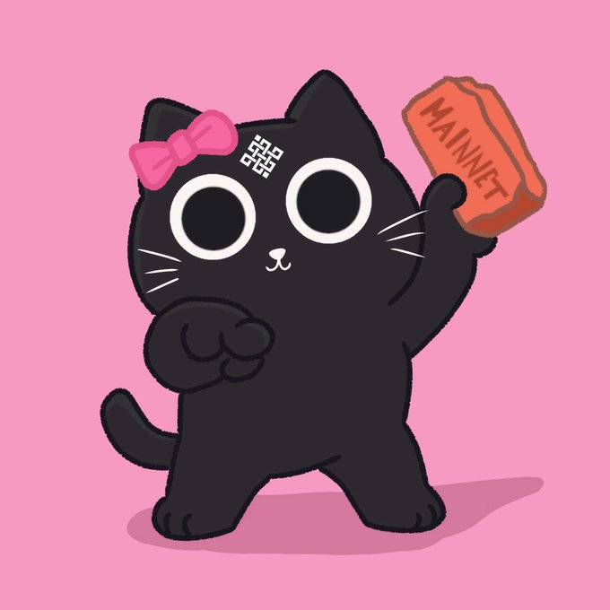 A cartoon black cat with a pink bow and QR code on its forehead holds up a ticket reading 'MAINNET' against a pink background.