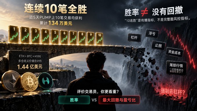A promotional graphic in Chinese advertising crypto trading, showing 10 consecutive winning trades, PUMP gains of $1.34 million, and ETH/BTC/HYPE assets.