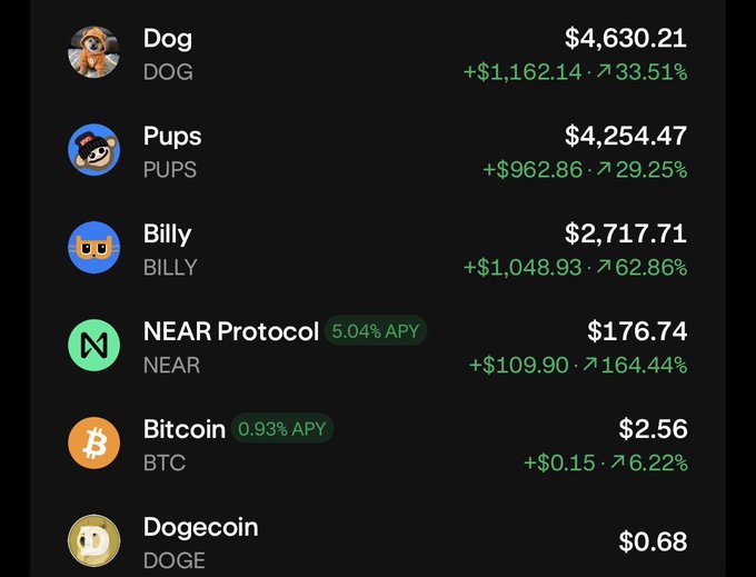 A cryptocurrency portfolio displaying assets including Dog ($4,630.21, +33.51%), Pups ($4,254.47, +29.25%), Billy ($2,717.71, +62.86%), NEAR Protocol ($176.74, 5.04% APY, +164.44%), Bitcoin ($2.56, 0.93% APY, +6.22%), and Dogecoin ($0.68).