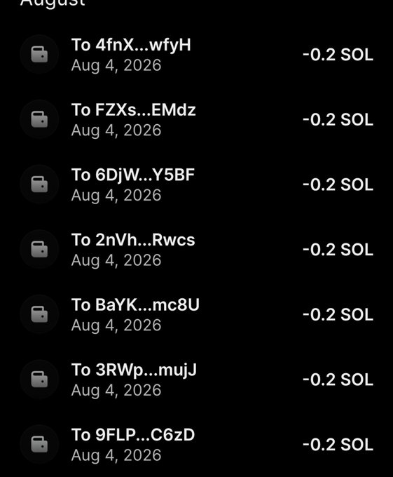 A transaction history showing multiple outgoing transfers of 0.2 SOL each on August 4, 2026, sent to various recipients, supporting the user's claim of distributing SOL to other users.
