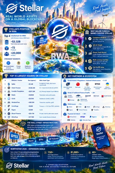 A promotional infographic titled "Stellar: Real World Assets on a Global Blockchain" highlighting Stellar's #4 position in the RWA blockchain market with $3.32B tokenized assets and over 20,000 products. It lists top institutional partners including Spiko (-$1.6B), Ondo Finance ($335.5M), and Franklin Templeton ($527.5M), alongside key ecosystem players like DTCC, MoneyGram, and Stripe, and outlines 2026 expansion goals of 150+ partnerships. The post's caption aligns with the infographic by emphasizing how Stellar's institutional adoption reflects years of accumulated infrastructure development rather than a passing trend.