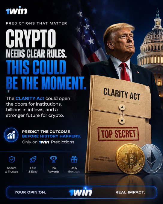 This promotional image for 1win Predictions features Donald Trump holding a "TOP SECRET" folder labeled "CLARITY ACT" against a backdrop of the U.S. Capitol. The ad highlights the potential impact of the CLARITY Act on crypto regulation and encourages users to "PREDICT THE OUTCOME BEFORE HISTORY HAPPENS."

The image relates to the accompanying post by visually representing the complex world of "regulations and market structure" through the imagery of the CLARITY Act and political figures, contrasting the user's initial "curiosity" with the high-stakes legal framework that shapes the future of the industry.