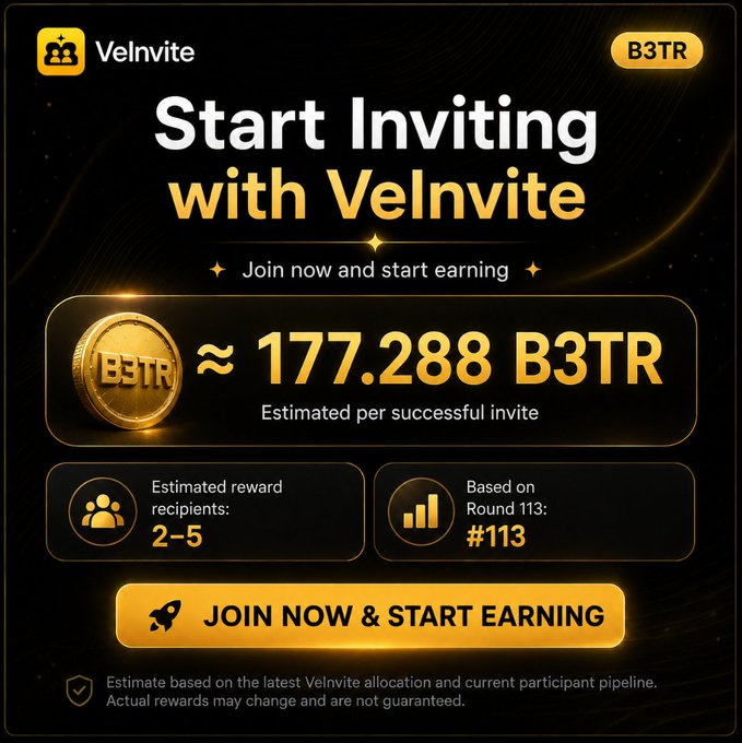 A promotional graphic for 'Velnvite' advertising an invitation program with an estimated earning of ~177.288 B3TR per successful invite, based on Round 113.