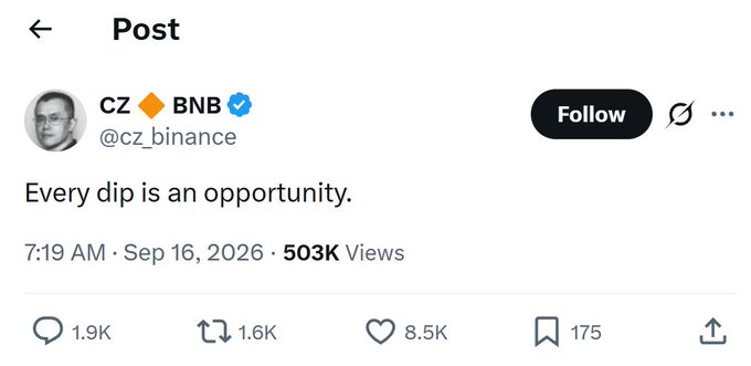 A tweet screenshot from CZ (@cz_binance) verified with BNB badge, posted Sep 16, 2026, stating 'Every dip is an opportunity.' with 503K views, 8.5K likes, and 1.6K reposts.