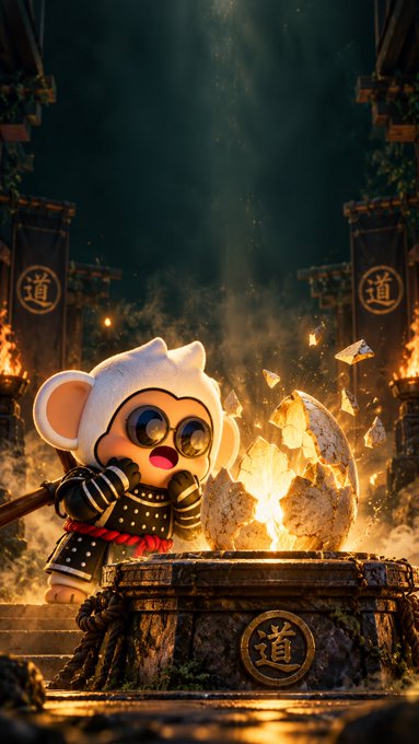 A stylized animated character with white fur and round glasses stands in an atmospheric temple setting, looking surprised as a glowing cracked egg with floating shards rests on a stone pedestal marked with the kanji "道".