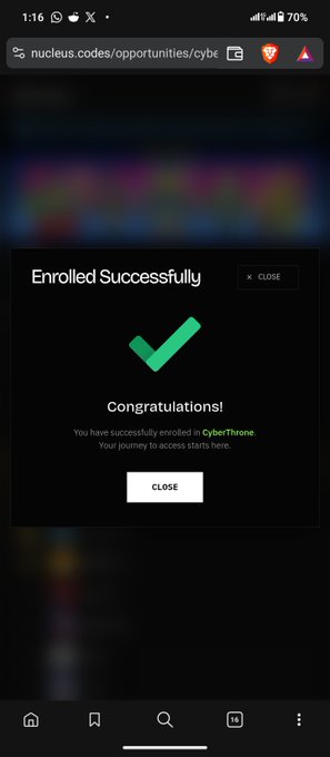 A mobile screenshot showing a 'Congratulations!' pop-up for successfully enrolling in 'CyberThrone' on nucleus.codes.