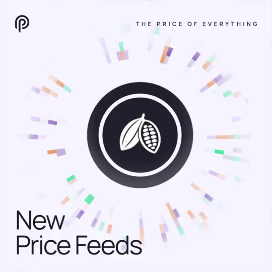 The image shows a black circle with a chocolate bar symbol inside of it, surrounded by various colored squares. The title "New Price Feeds" is written above the circle, indicating that this text is part of the content displayed in the image. A subtitle below the circle mentions the price feeds, which are related to cocoa and coffee products such as cocoa, live cattle, raw sugar, and ice softs. This post aims to inform viewers about these commodity feeds on cryptocurrency exchanges like @PythNetwork Pro.