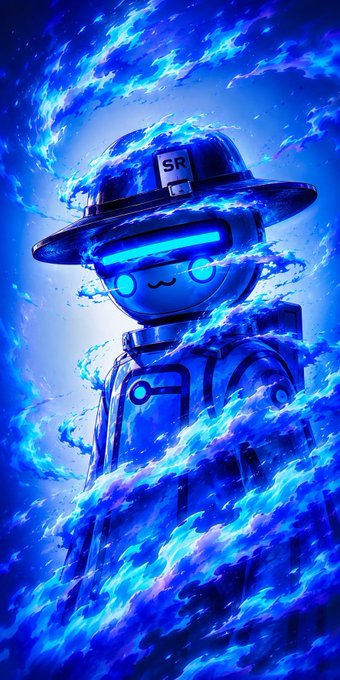 A blue-hued, anime-style firefighter robot with "SR" on its helmet stands amid swirling flames, with the text "Gm to all! Happy Tuesday" captioning the cheerful, energetic morning greeting. The fiery, dynamic scene mirrors the upbeat "GM" vibe often shared by crypto and trading communities to start the day.