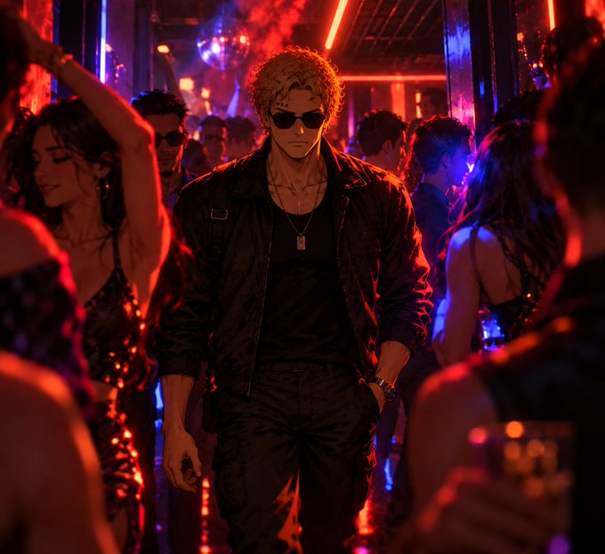 A blonde man in sunglasses and a black leather jacket strides confidently through a crowded, neon-lit nightclub bathed in red and blue light, surrounded by dancing patrons. The atmospheric setting suggests he is searching for something—or someone—amid the pulsing energy, matching the caption's sense of seeking answers in a bustling nightlife scene.