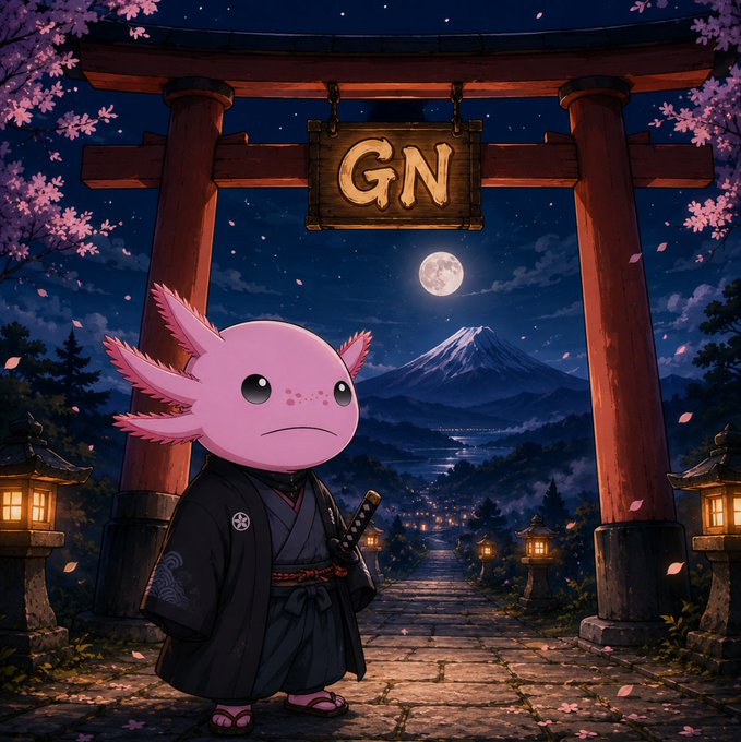 A pink axolotl character wearing a black kimono with a katana stands before a Japanese torii gate labeled 'GN,' with Mount Fuji and a full moon visible in the background.