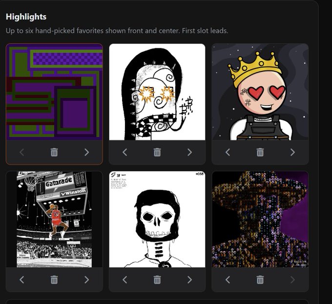 A digital 'Highlights' gallery display featuring six featured artwork slots, including a purple checkered design, a swirly face, a crowned heart-eyed character, a basketball illustration, a skull, and a pixelated figure.