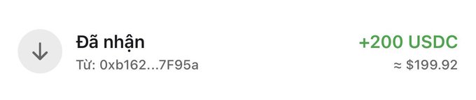 A screenshot of a cryptocurrency wallet transaction showing a received transfer of +200 USDC (approximately $199.92) from a sender with address starting with 0xb162...7F95a, with Vietnamese text 'Đã nhận' (Received).