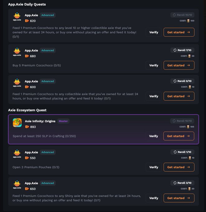 A screenshot of App.Axie Daily Quests and Axie Ecosystem Quest showing various tasks with EXP rewards and 'Get started' buttons.