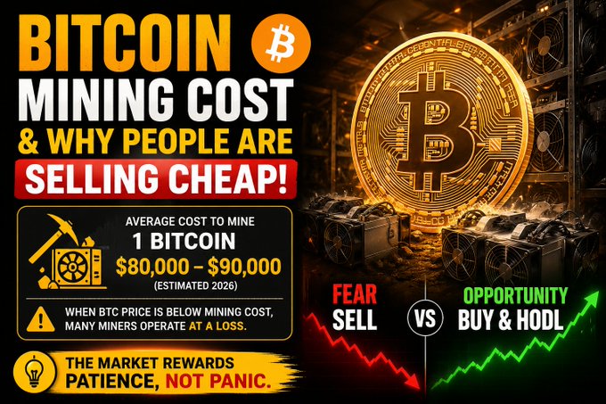 "This image shows a poster for bitcoin mining cost & reason some people are selling Cheap! The poster has an eye-catching gold coin and black text, with one Bitcoin being shown as having a value of $70K-90K. There's also a line graph on the side which represents the price fluctuations of Bitcoins over time."