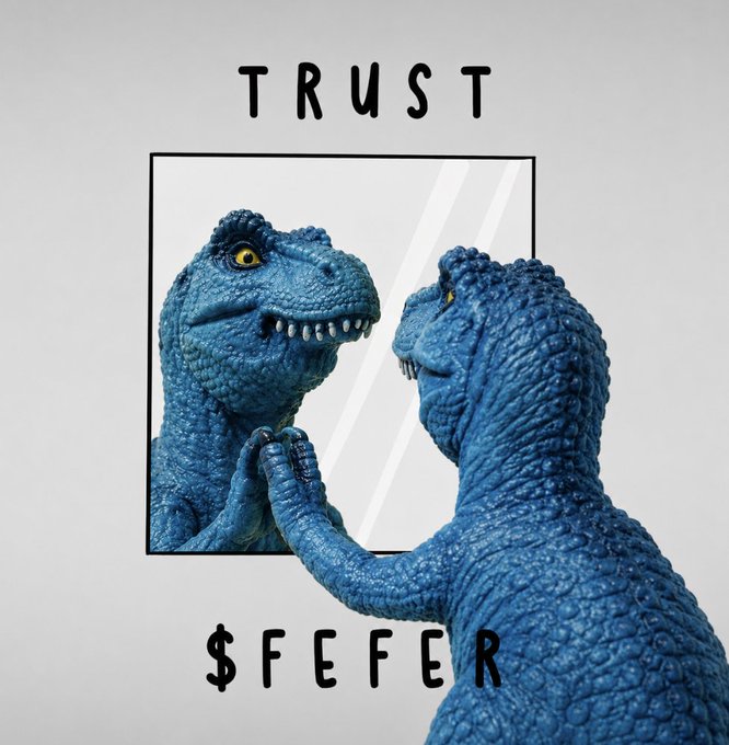 A blue T-Rex dinosaur gazes at its reflection in a mirror, with the word "TRUST" displayed above and "$FEFER" below, symbolizing the self-reflection of a crypto investor who has shifted from chasing revolutionary technology to embracing the cultural power of memes like $FEFER. The image perfectly captures the internal realization that true value in crypto may lie not in complex tech, but in trusted, community-driven meme coins.
