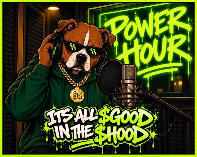 A stylized graphic illustration features a bulldog wearing sunglasses, headphones, and a green hoodie with a gold chain, standing in front of a microphone. The text 'POWER HOUR' and 'IT'S ALL $GOOD IN THE $HOOD' is displayed in vibrant green graffiti-style lettering.