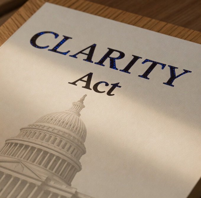 The image shows a document titled "CLARITY Act" featuring an illustration of the U.S. Capitol dome, directly referencing the legislation mentioned in the breaking news about Senate negotiations resuming. The visual pairs with the post by symbolizing the legislative process driving potential crypto market structure reforms.