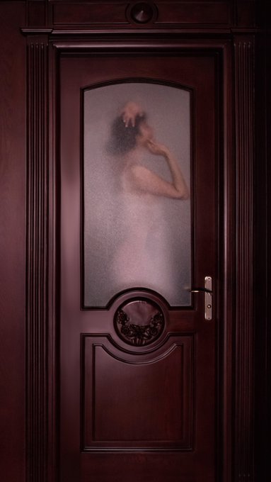 A dark wooden door with frosted glass featuring a blurred, silhouetted figure of a nude woman behind it, with an ornate carved emblem below the glass.